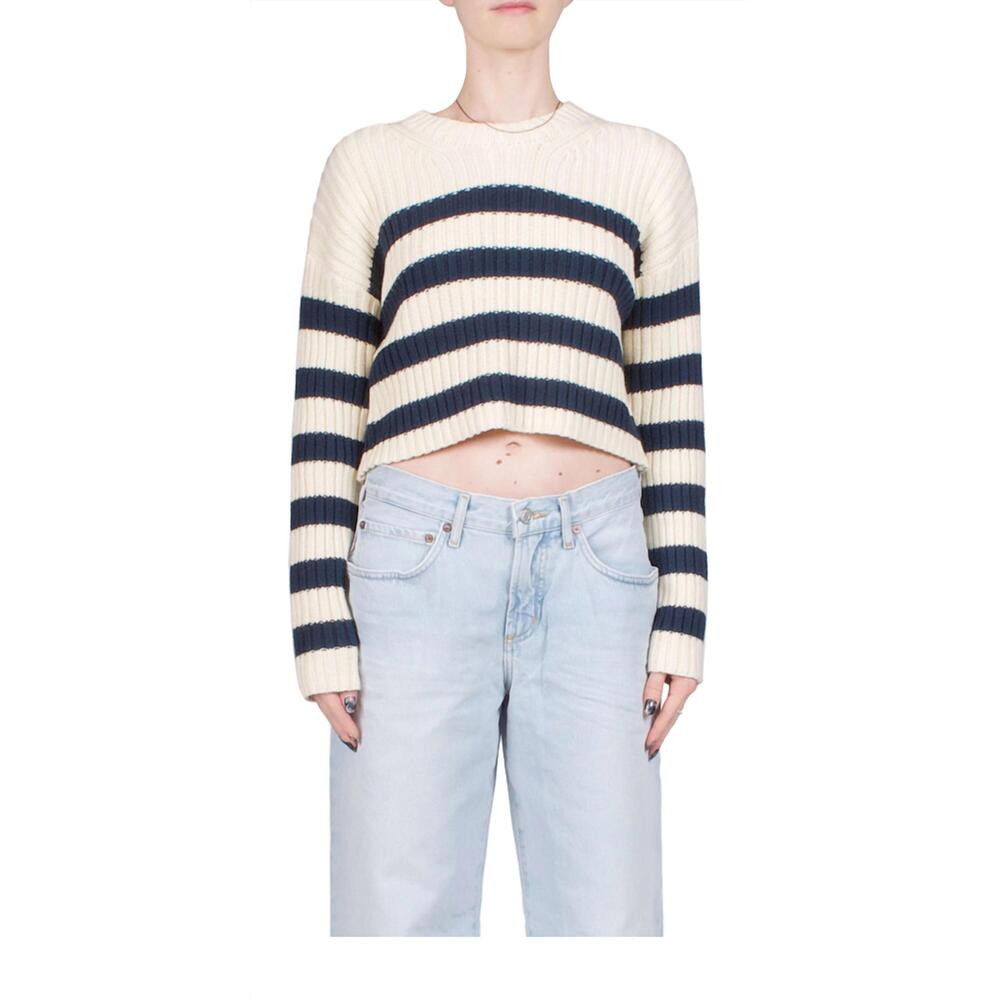 NEW DENIMIST striped ribbed cropped sweater in ecru w/ navy
